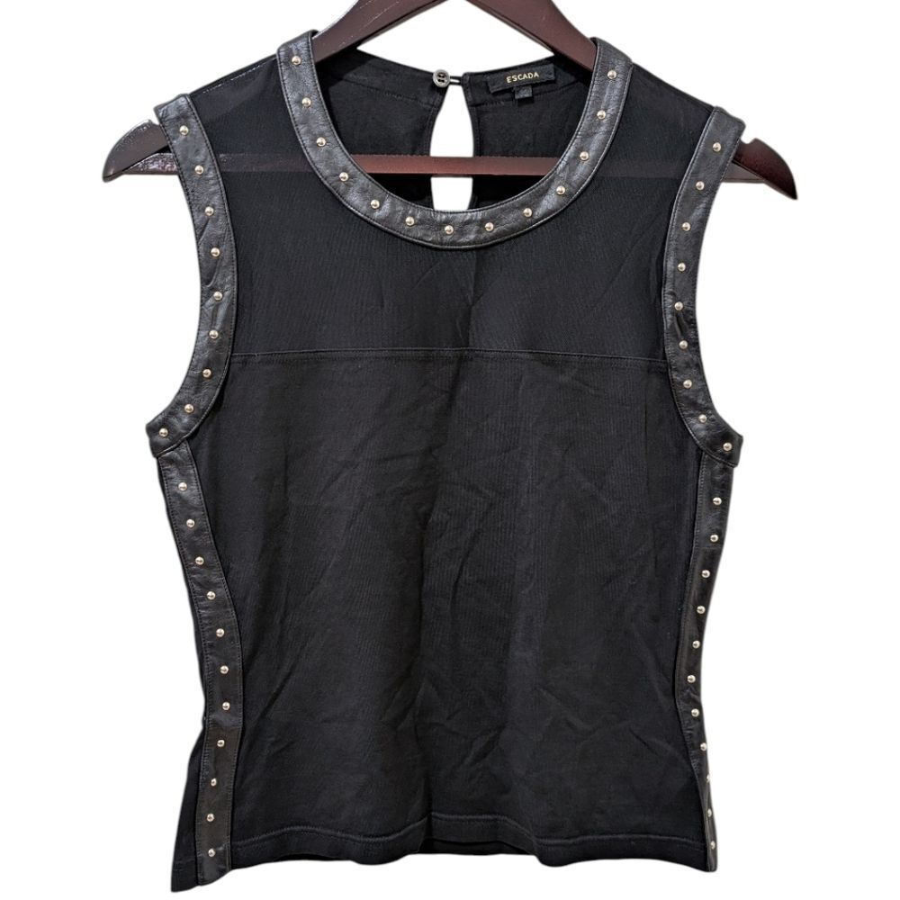 VTG Rare Escada Sleeveless Top Leather Trim Black Studded Mesh Yoke Top Sz 36